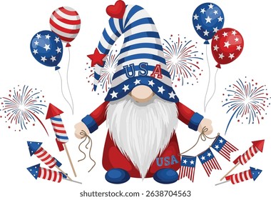 4th of July patriotic gnome with fireworks, rockets and balloons. Vector seamless pattern. Isolated on white background. Independence Day background. For digital paper, greeting cards, web design