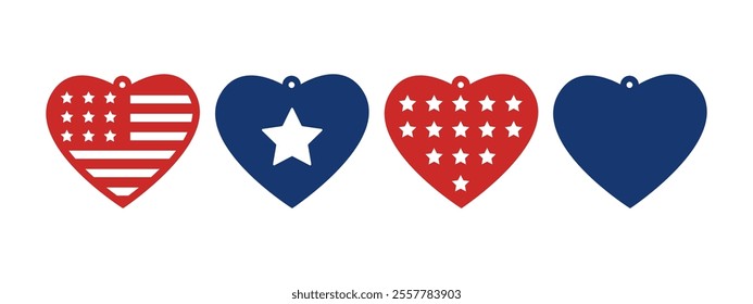 4th of July patriotic heart shaped design for earrings, pendant or keychain. Jewelry silhouette cut template. Laser cutting with leather, wood or metal. Vector file