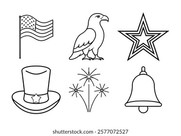 4th July Patriotic Symbol outline set.