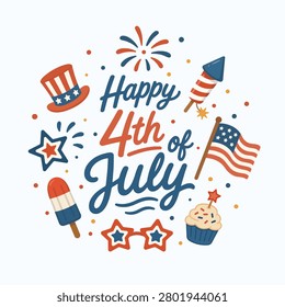 4th of July patriotic typography and flat vector party elements