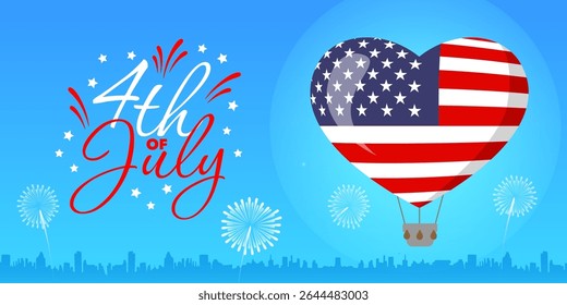 4th of July Patriotic vector horizontal greeting card with American flag heart balloon, fireworks, skyline. Flat style ideal for banners, posters, cards, social media design