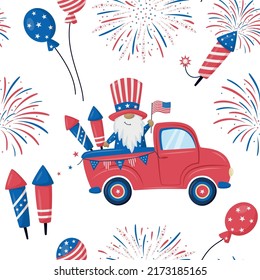 4th of July pick-up truck with patriotic gnome, fireworks, rockets and balloons. Vector seamless pattern. Isolated on white background. Independence Day background.