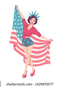 4th of July pin up style vintage poster. Retro lady with USA flag wearing Statue of Liberty crown and celebrating Independence Day. Vector illustration isolated on white background.