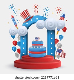 4th july podium or display with holiday elements. Festive art object for usa independence day. American national celebration design. Bright vector 3d cartoon illustration in minimal realistic style.