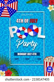 4 de julio de fondo de la fiesta del pool. afiche de la independencia americana con inflables y plantas tropicales sobre fondo acuático de piscina