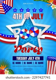 4th of july pool party poster. american independence background with star shaped swimming pool and inflatables