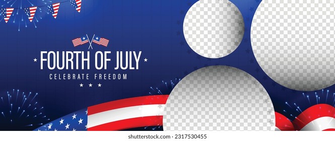 4th of July poster, banner, background, template mockup with USA flag ribbon, and bunting decoration. Vector illustration.