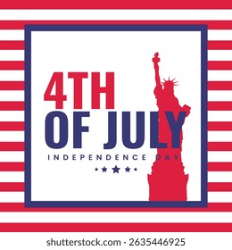 4th of July Poster with Liberty Statue. USA Independence Day Design with Flag Stripes