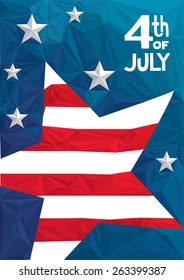 4th of July poster in low poly style. USA Independence day celebration poster with national flag, stars and geometric triangle background.