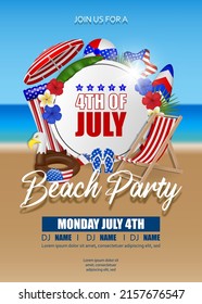 4th of july poster with summer elements on beach background. american independence beach party background