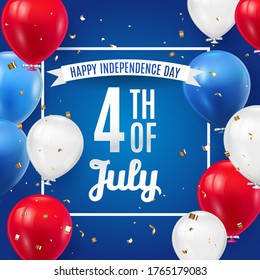 4th of July poster template with American  color balloons flag. July Fourth holiday  greeting card template . USA Independence Day banner for sale, discount, advertisement, web. Vector illustration.