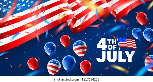 4th of July poster template with Balloon and Confetti.USA independence day celebration with American flag.USA 4 th of July promotion advertising banner template for Brochures,Poster or Banner.Vector 