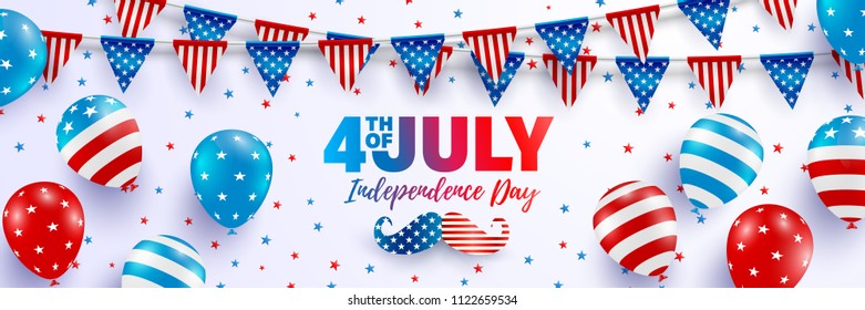 4th of July poster template.USA independence day celebration with balloons and garland of american triangle flag.USA 4th of July promotion advertising banner template for Brochures,Poster or Banner.