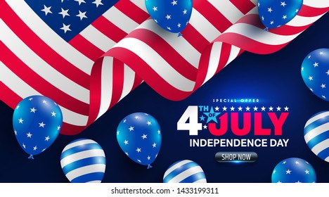 4th of July poster template.USA independence day celebration with American flag.USA 4th of July promotion advertising banner template for Brochures,Poster or Banner.Vector illustration EPS 10