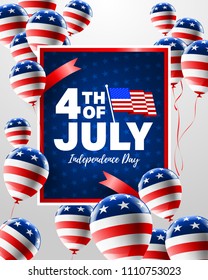 4th of July poster template. USA independence day celebration with USA balloons flag. Vector illustration EPS10