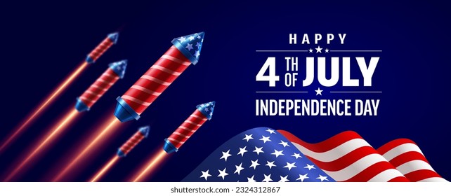 Plantilla de afiches del 4 de julio. Celebración del Día de la Independencia de EE.UU. con cohetes de fuegos artificiales y efecto explosivo ligero.Plantilla de banner publicitario de promoción del 4 de julio para folletos, afiches o pancartas.