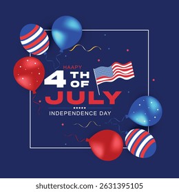 4th of July poster template. USA Independence Day celebration with American balloons flag
