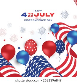 4th of July poster template. USA Independence Day celebration with American balloons and wave flag