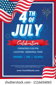 4th of July poster templates Vector illustration, USA flag waving frame with fireworks on blue star pattern background. Flyer design