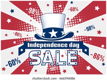 4th of July price discount holiday event,United States Independence Day shopping postcard illustration with rays,ribbon,hand drawn uncle sam's top hat & sample percent off text,vector graphics clipart