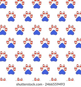 4th of July Puppy Paw Shape Pattern Graphic in USA Flag Colour. Ameowrica, Americat Design. 4th of July Cat Paw Texture for Independence Day. Animal Illustration. Memorial Day Star Banner.