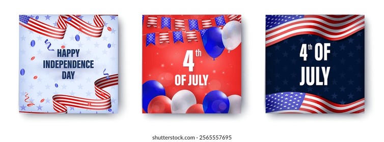 4th of july realistic square card template set