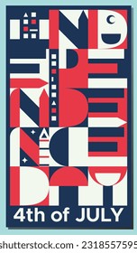 4th of july red white and blue independence day abstract bauhaus banner wall art.Perfect invitation background for celebration, party,events,picnics,covers,card,restaurant design themes,flyer.