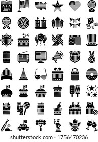 4th of july related united state flag in mobile, radio, caps, glasses, gift box, candies, ice creams, cup cakes, donuts, badge, megaphone, shopping bag and wine bottles vectors in solid design