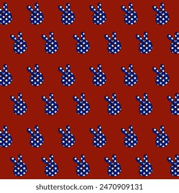 4th of July Repeating Pattern of Blue Peace Hand Signs with White Stars on a Red Background Creates a Vibrant and Cheerful Design. Memorial Day Decoration.