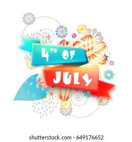 4th of July Ribbon design on abstract floral elements background for American Independence Day celebration.