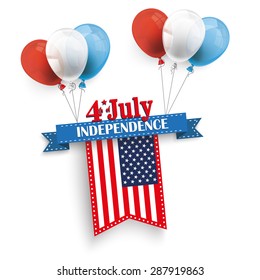 4th of july with ribbon, US-Flag and balloons. Eps 10 vector file.