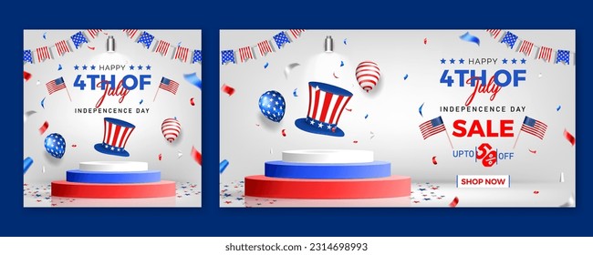 4th of july sale banner design with stage, american hat, balloons and flag on white background