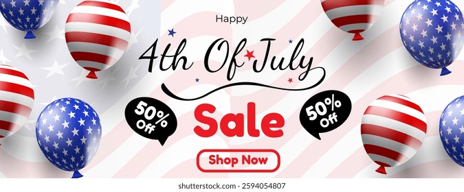 4th of july sale banner design with 3d balloons on american flag background