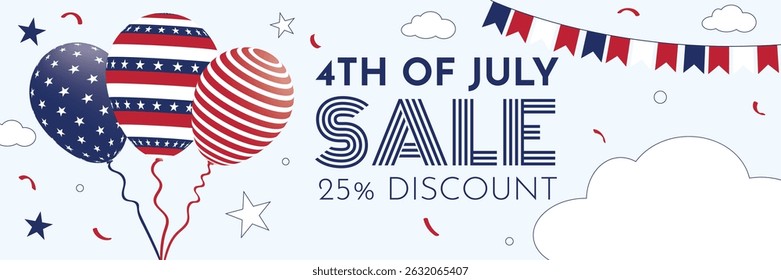 4th of July Sale Banner with Patriotic Balloons, Stars, Confetti, and Bunting in Red White and Blue Colors Offering 25% Discount for Independence Day Celebration and American National Holiday