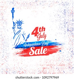 4th of July sale, banner, poster or flyer design with Statue of Liberty on grungy background.