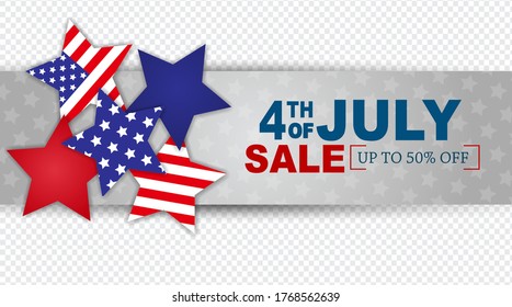 4th of July sale banner. United States of America independence day holiday. National symbolics stars. Transparent background overlay. Vector illustration.