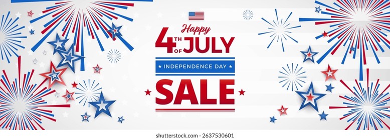4th of July Sale horizontal banner - vector illustration with USA flag, bold Sale typography, red and blue stars, light festive background. Perfect for email header, marketing campaign, website banner - Powered by Shutterstock - Get 15% off with code: PIKWIZARD15