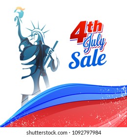 4th of July Sale, Poster, Banner Design with Statue of Liberty on Waves Background. 