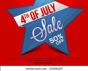 4th of July Sale, Sale Poster, S50% Discount Offer. Vector illustration with big star on red background.