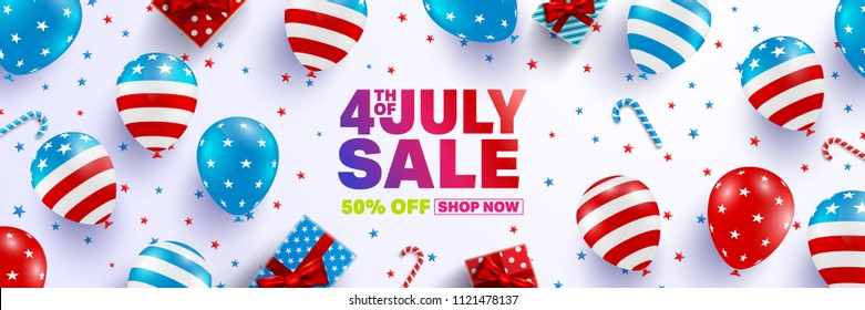 4th of July Sale poster template.USA independence day celebration with American balloons flag.USA 4th of July sale promotion advertising banner template for Brochures,Poster or Banner