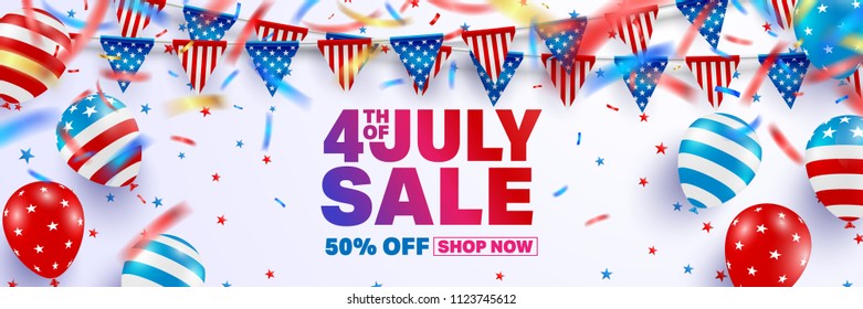 4th of July Sale poster template.USA independence day celebration with American balloons flag.USA 4th of July sale promotion advertising banner template for Brochures,Poster or Banner