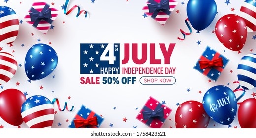 4 de julio Modelo de afiche de venta.Celebración del Día de la Independencia de EE.UU. con bandera de globos estadounidenses.Norteamérica 4 de julio plantilla de anuncio de promoción para folletos, afiches o pancartas