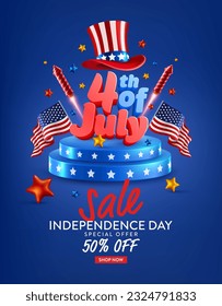 4th of July Sale poster template.USA independence day celebration with Uncle Sam's American Hat and Firework rockets.4th of July promotion advertising banner template for Brochures,Poster or Banner