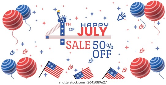 4th of July Sale Poster. USA Independence Day Celebration with American Flag, Balloons and Party Elements. Promotional Banner Template for Brochures, Posters and Banners