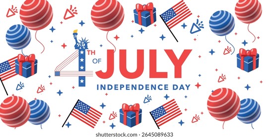 4th of July Sale Poster. USA Independence Day Celebration with American Flag, Balloons and Party Elements. Promotional Banner Template for Brochures, Posters and Banners