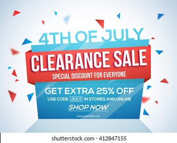 4th of July Sale Tag, Clearance Sale Paper Banner, Sale Flyer, Special Discount Offer, 25% Off. Vector illustration for American Independence Day celebration.