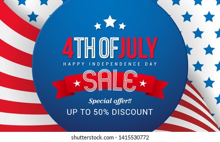 4th of July Sale Vector illustration. Blue circle badge on flag background