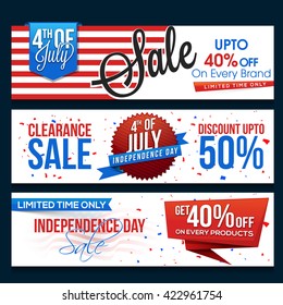 4th of July Sale website header or banner set, Paper Sale Tags, Limited Time Sale with Discount Offer, Vector illustration in American Flag colors for Independence Day. 