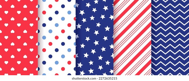 4th July seamless background. American patriotic patterns with stars, stripes, zigzag. America independence textures. Set of abstract geometric prints. Simple modern wallpaper. Vector illustration.