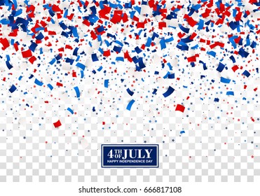 4th of July seamless festive design concept for Independence Day with scatter paper, stars in national American colors - red, white, blue. Isolated.